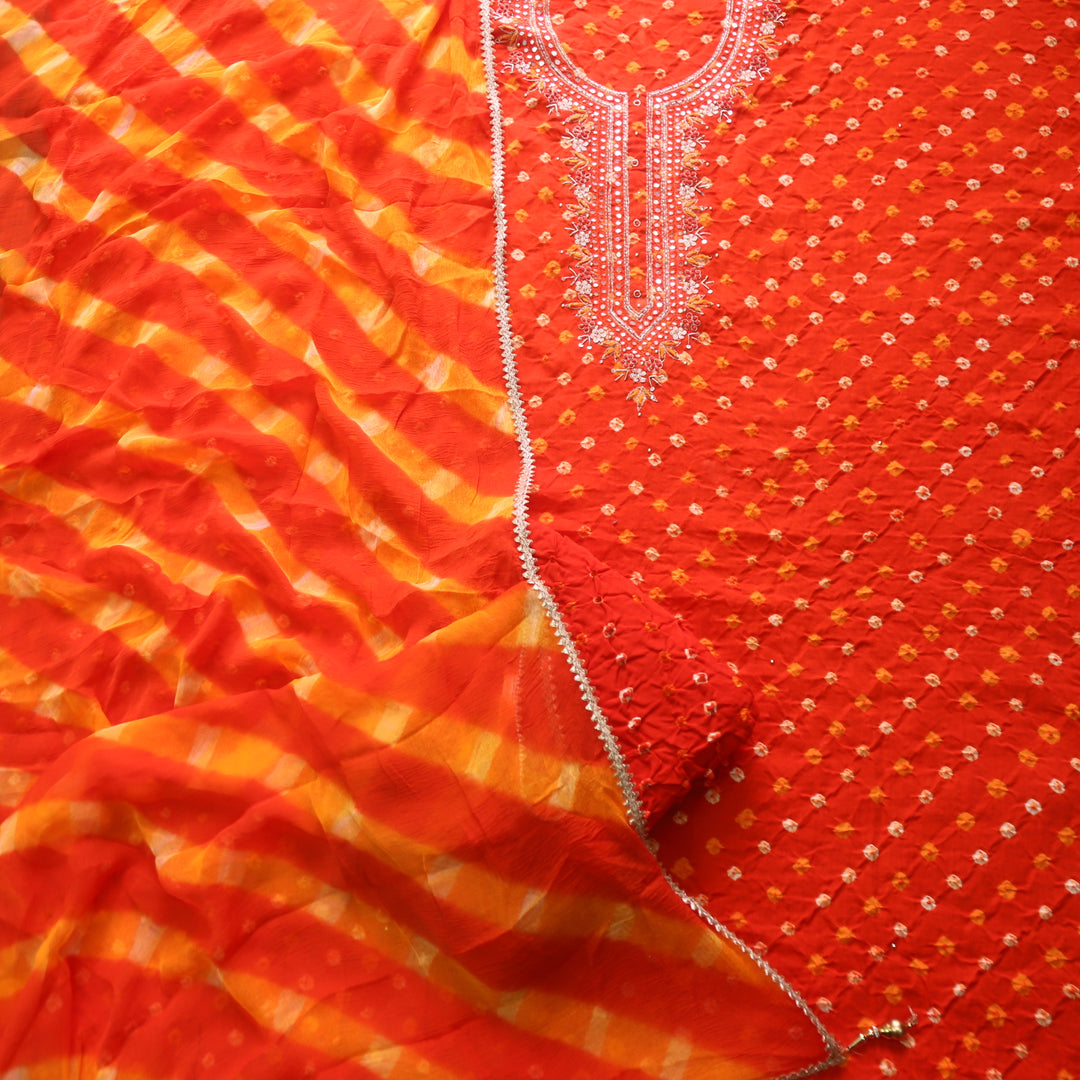 Ruksana Bright Orange Embellish Neck Work Authentic Bandhej Cotton Satin Suit Set