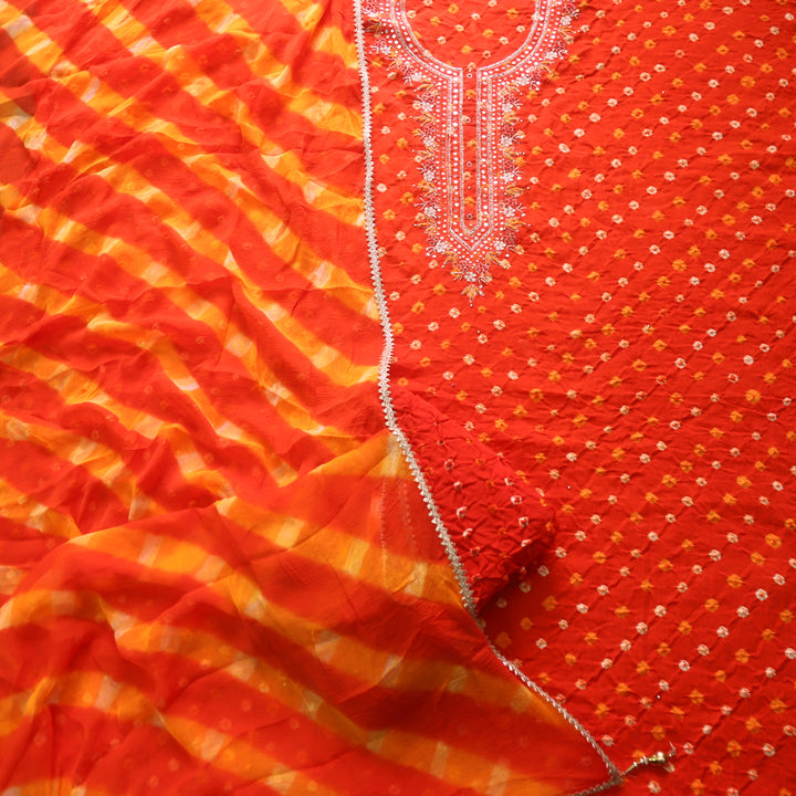 Ruksana Bright Orange Embellish Neck Work Authentic Bandhej Cotton Satin Suit Set