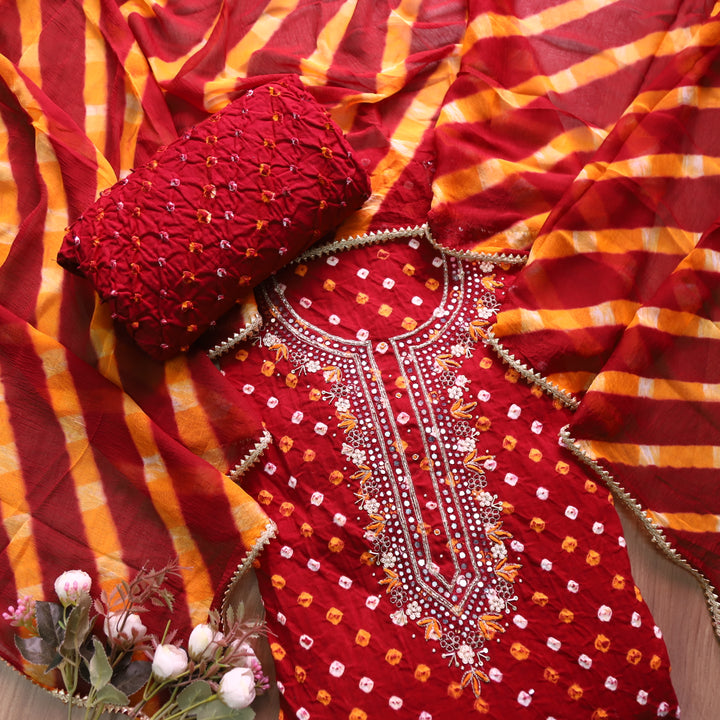 Ruksana Dark Maroon Embellish Neck Work Authentic Bandhej Cotton Satin Suit Set