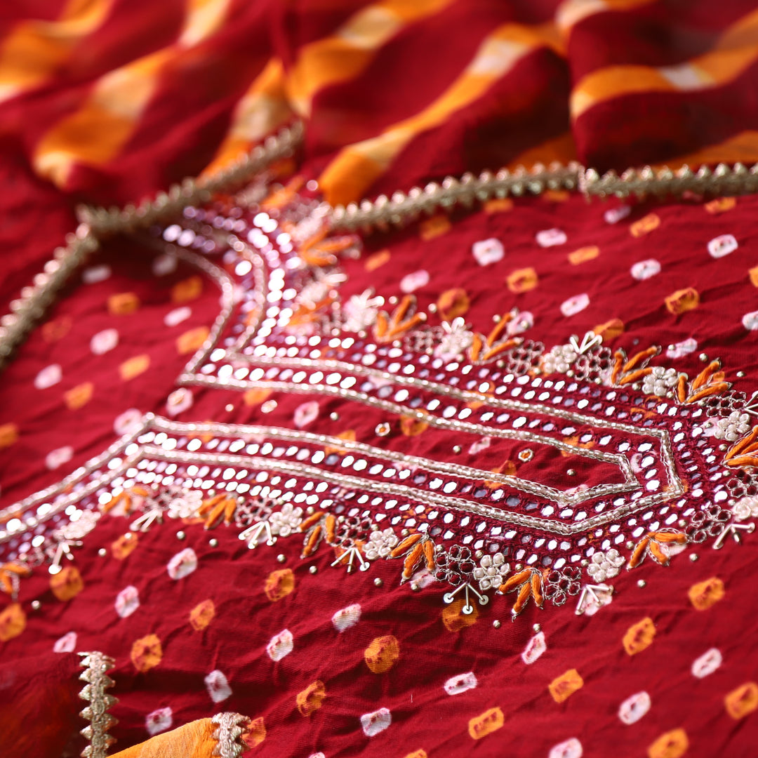Ruksana Dark Maroon Embellish Neck Work Authentic Bandhej Cotton Satin Suit Set