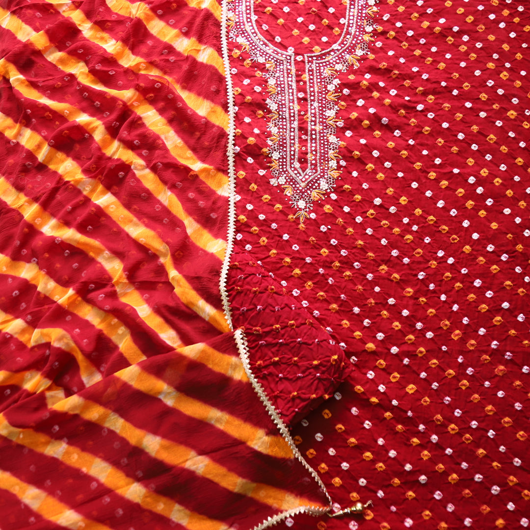 Ruksana Dark Maroon Embellish Neck Work Authentic Bandhej Cotton Satin Suit Set