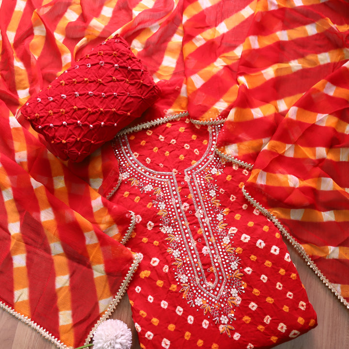 Ruksana Tomato Red Embellish Neck Work Authentic Bandhej Cotton Satin Suit Set