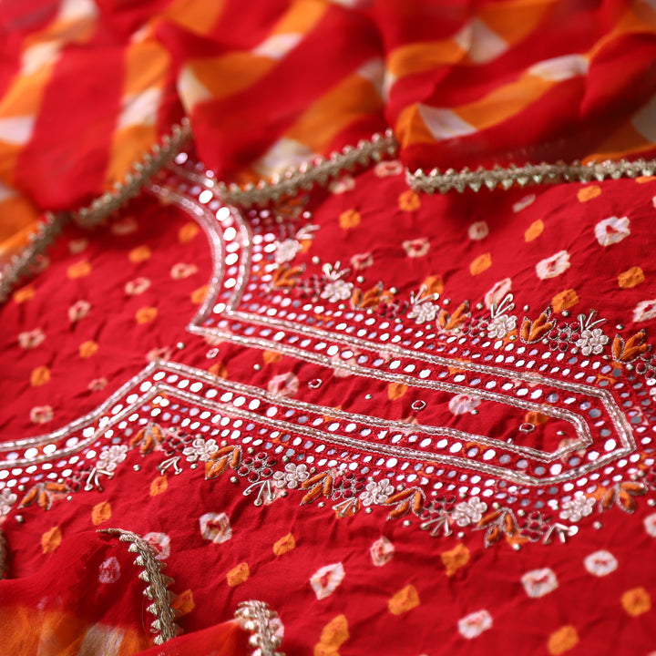 Ruksana Tomato Red Embellish Neck Work Authentic Bandhej Cotton Satin Suit Set