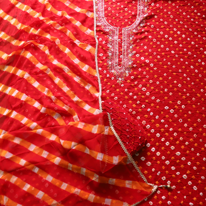 Ruksana Tomato Red Embellish Neck Work Authentic Bandhej Cotton Satin Suit Set