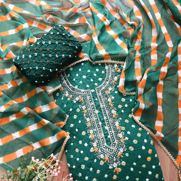 Ruksana Sacramneto Green Embellish Neck Work Authentic Bandhej Cotton Satin Suit Set