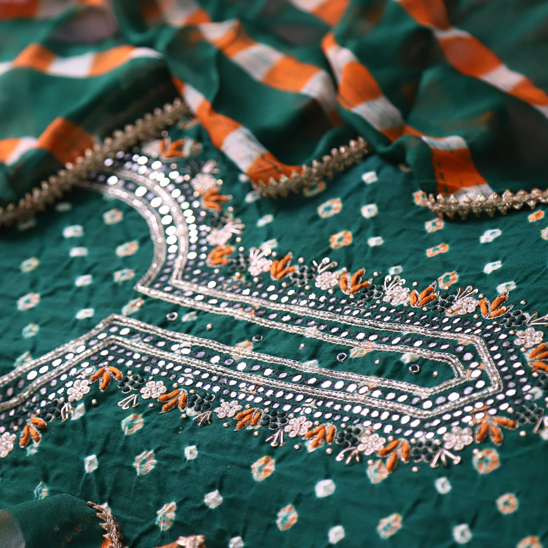 Ruksana Sacramneto Green Embellish Neck Work Authentic Bandhej Cotton Satin Suit Set