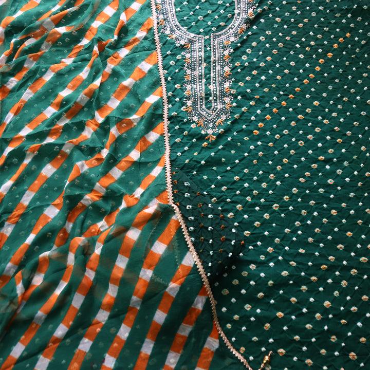 Ruksana Sacramneto Green Embellish Neck Work Authentic Bandhej Cotton Satin Suit Set