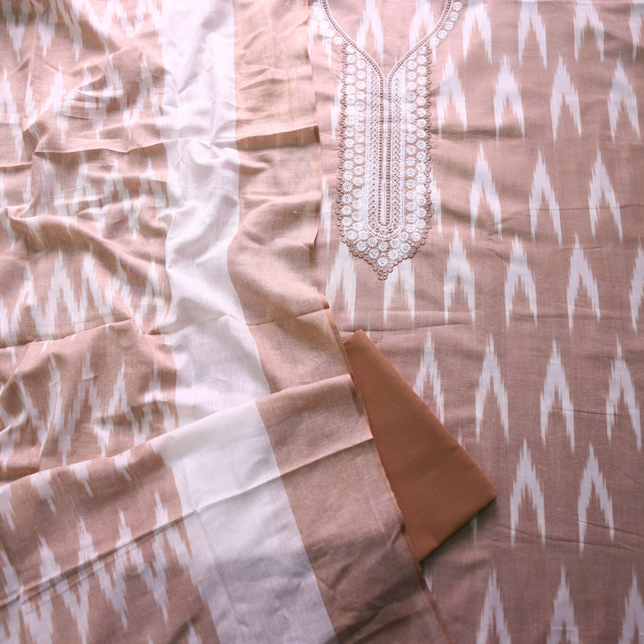 Sarkaare Sand Beige Thread Embroidered Neck Work Ikkat Print Cotton Suit Set