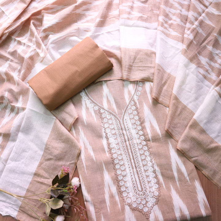 Sarkaare Sand Beige Thread Embroidered Neck Work Ikkat Print Cotton Suit Set