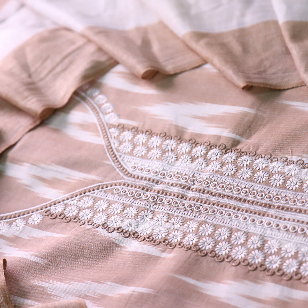 Sarkaare Sand Beige Thread Embroidered Neck Work Ikkat Print Cotton Suit Set