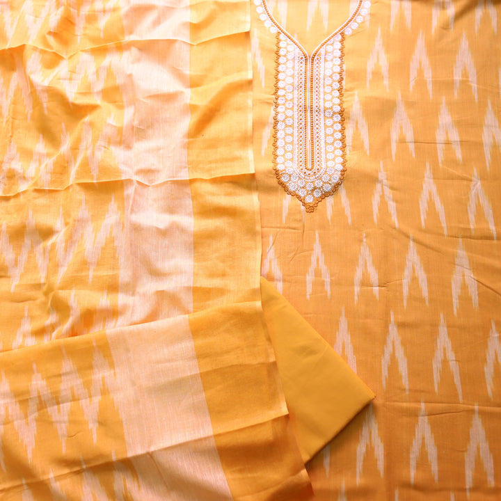 Sarkaare Bright Orange Thread Embroidered Neck Work Ikkat Print Cotton Suit Set
