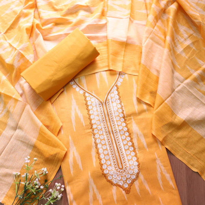 Sarkaare Bright Orange Thread Embroidered Neck Work Ikkat Print Cotton Suit Set
