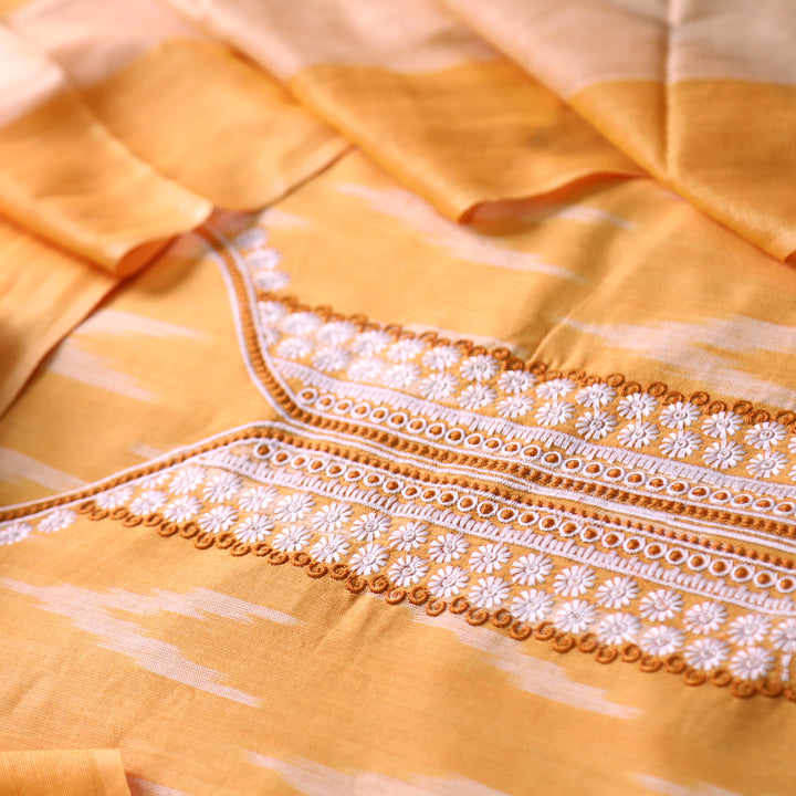 Sarkaare Bright Orange Thread Embroidered Neck Work Ikkat Print Cotton Suit Set