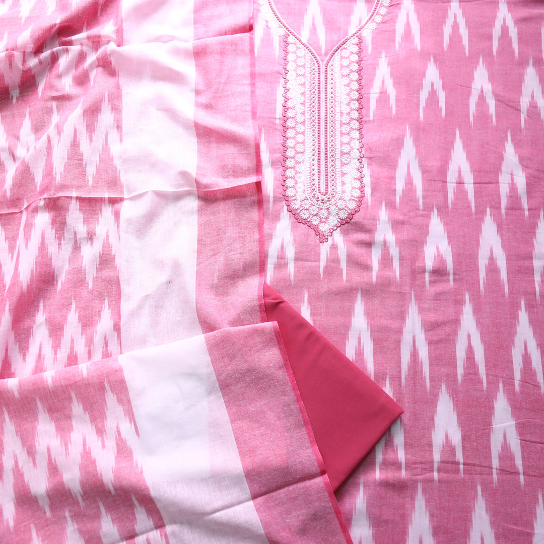 Sarkaare Flamingo Pink Thread Embroidered Neck Work Ikkat Print Cotton Suit Set