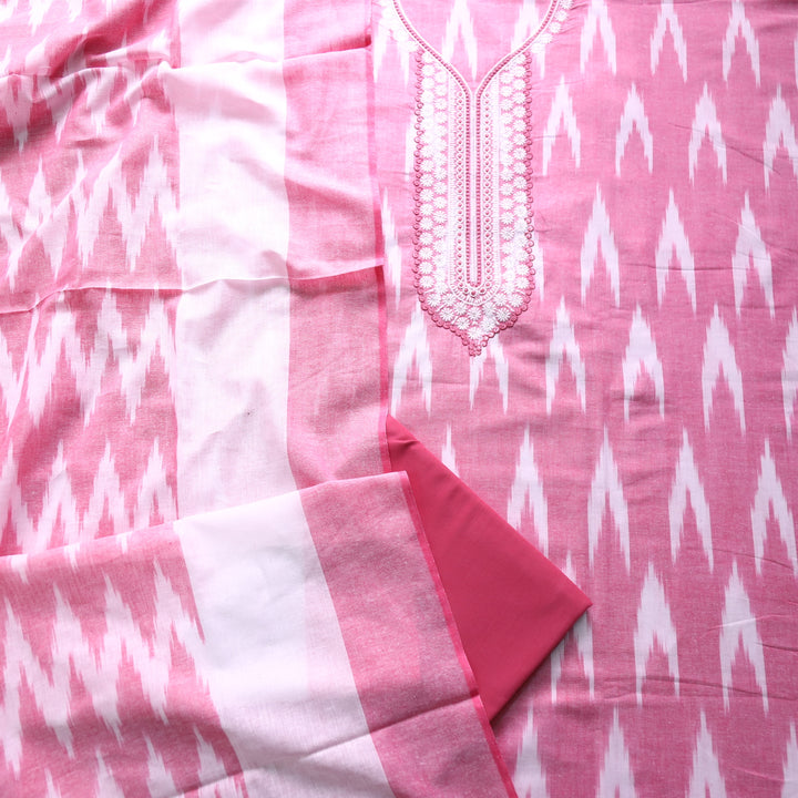 Sarkaare Flamingo Pink Thread Embroidered Neck Work Ikkat Print Cotton Suit Set