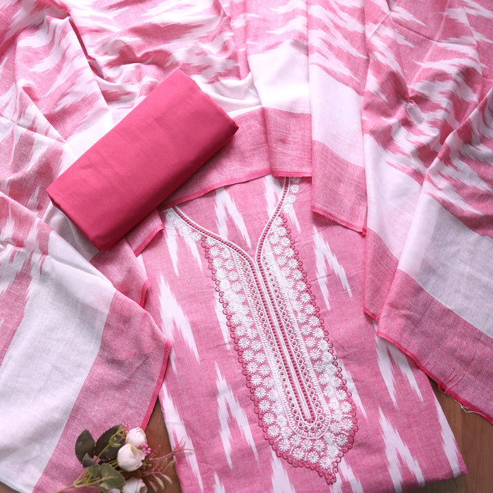 Sarkaare Flamingo Pink Thread Embroidered Neck Work Ikkat Print Cotton Suit Set