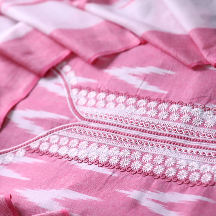 Sarkaare Flamingo Pink Thread Embroidered Neck Work Ikkat Print Cotton Suit Set