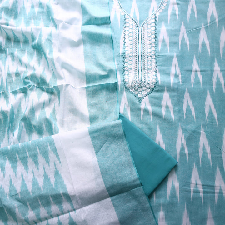 Sarkaare Aqua Blue Thread Embroidered Neck Work Ikkat Print Cotton Suit Set
