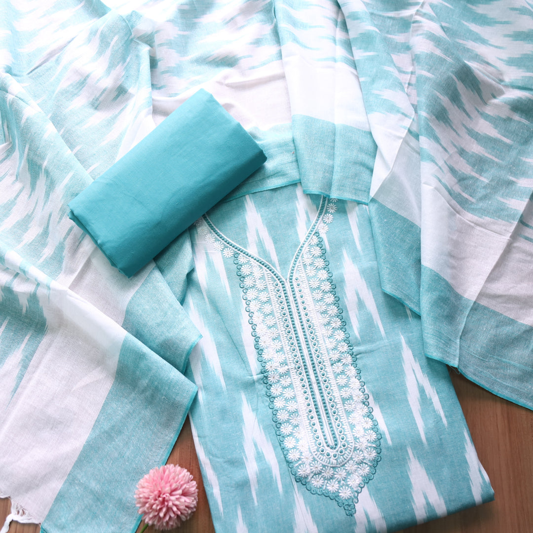 Sarkaare Aqua Blue Thread Embroidered Neck Work Ikkat Print Cotton Suit Set