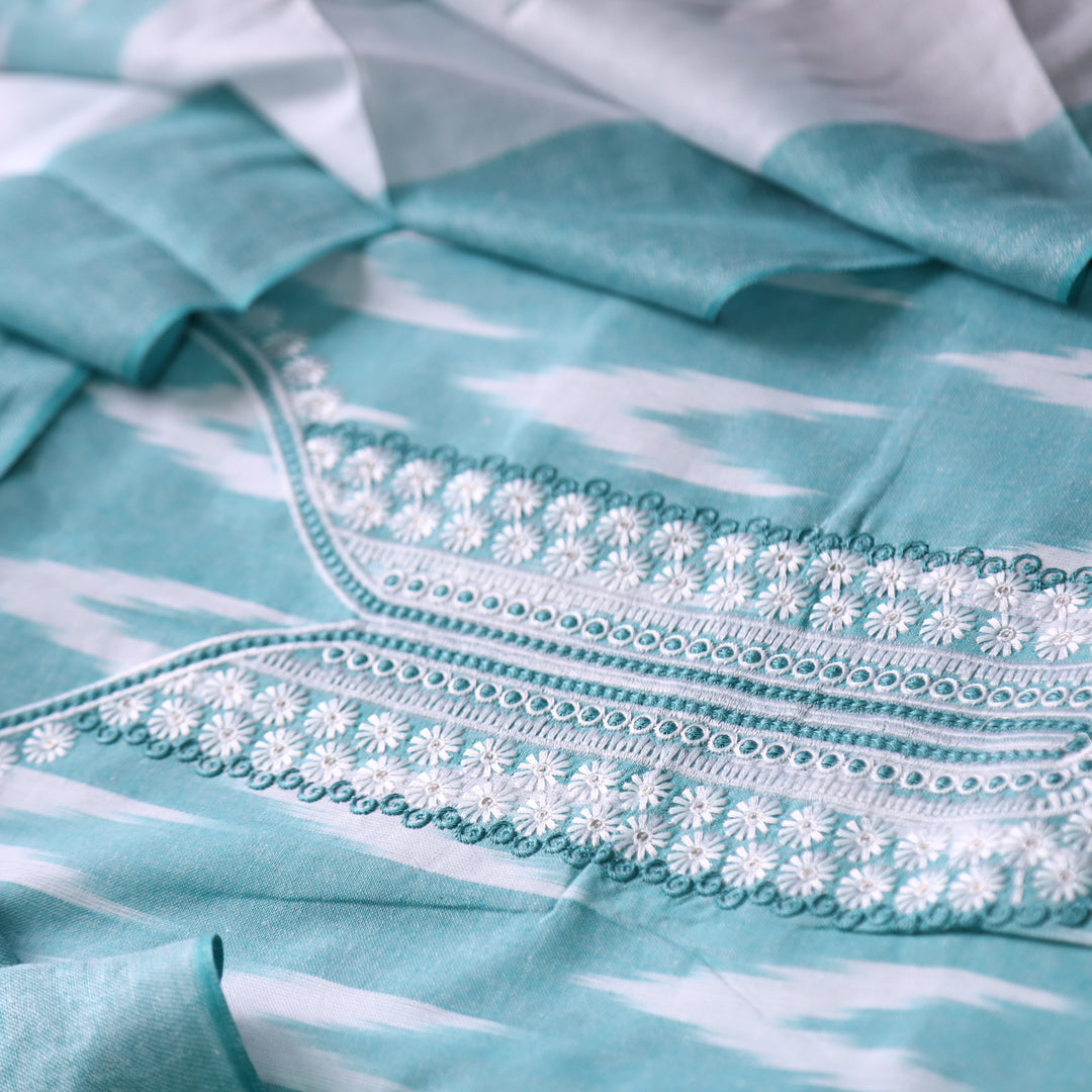 Sarkaare Aqua Blue Thread Embroidered Neck Work Ikkat Print Cotton Suit Set