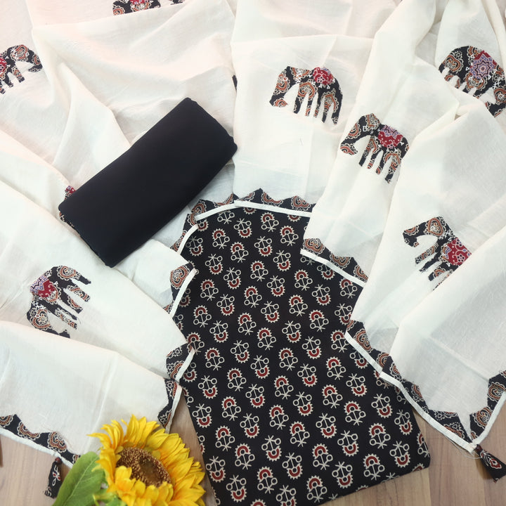 Reshmi Ebony Black  All Over Ajrak Print Cotton Top with Applique Work Dupatta Set D1