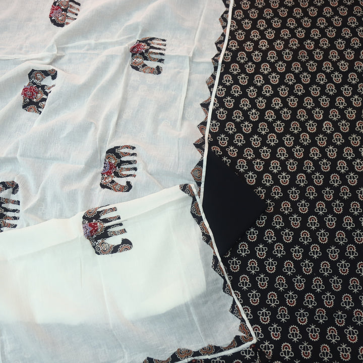 Reshmi Ebony Black  All Over Ajrak Print Cotton Top with Applique Work Dupatta Set D1