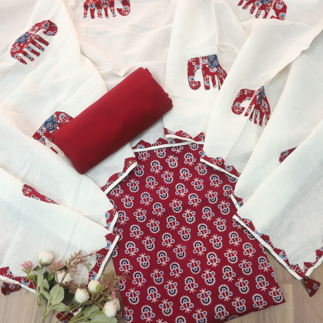 Reshmi Cranberry Red All Over Ajrak Print Cotton Top with Applique Work Dupatta Set D1