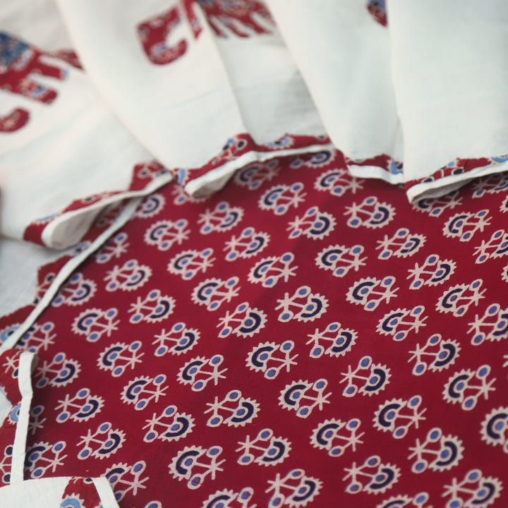 Reshmi Cranberry Red All Over Ajrak Print Cotton Top with Applique Work Dupatta Set D1