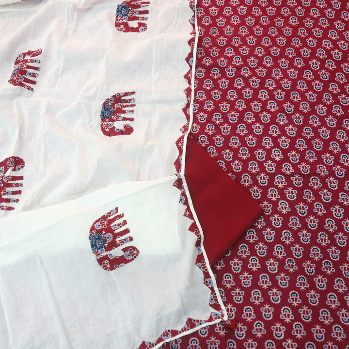 Reshmi Cranberry Red All Over Ajrak Print Cotton Top with Applique Work Dupatta Set D1