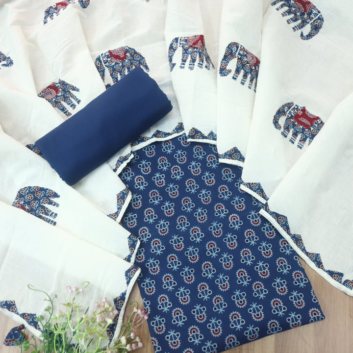 Reshmi Denim Blue All Over Ajrak Print Cotton Top with Applique Work Dupatta Set D1