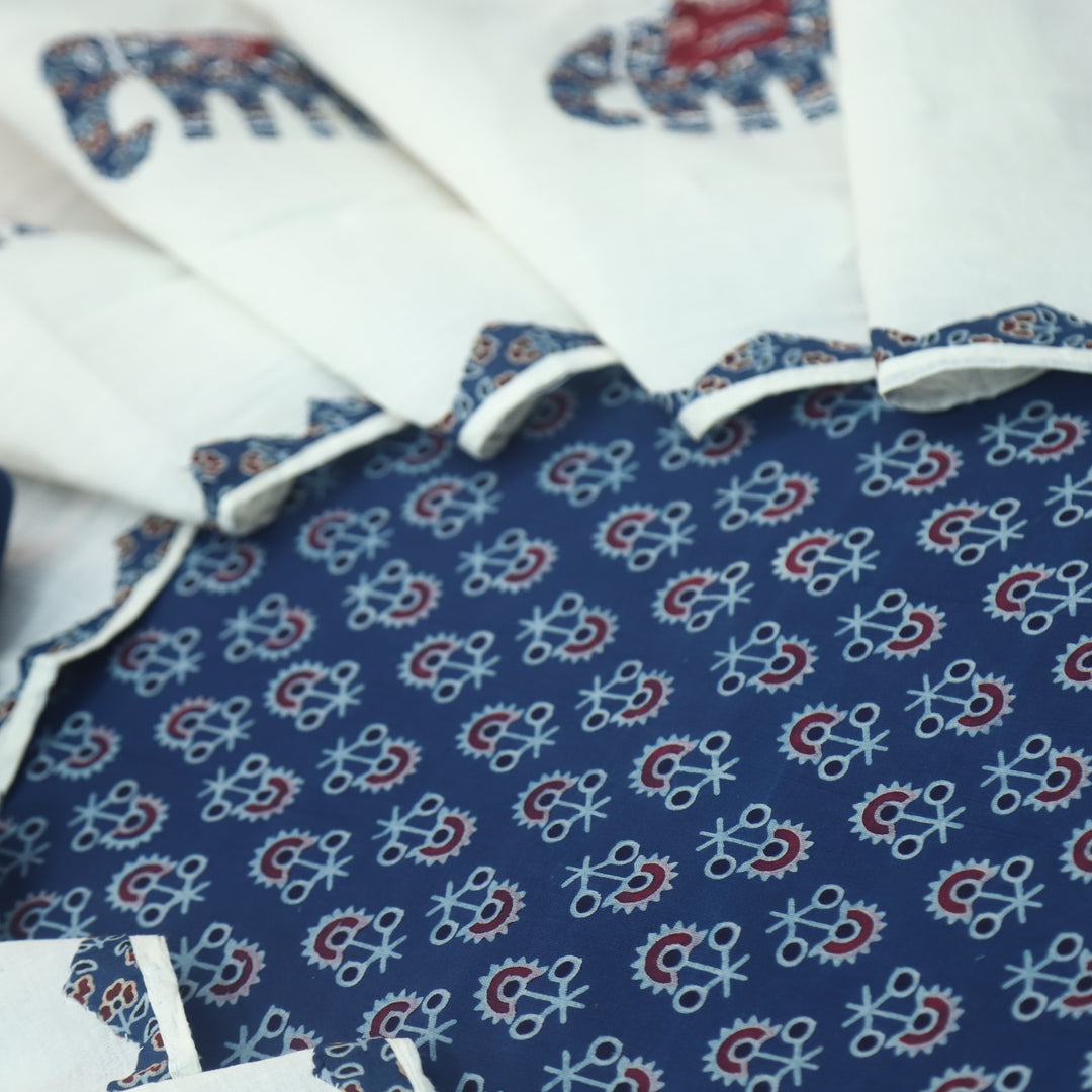 Reshmi Denim Blue All Over Ajrak Print Cotton Top with Applique Work Dupatta Set D1