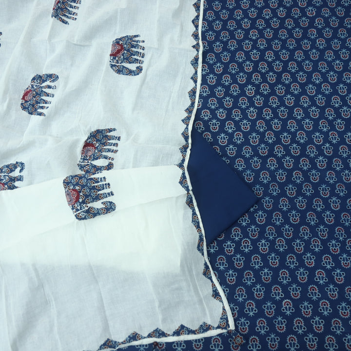 Reshmi Denim Blue All Over Ajrak Print Cotton Top with Applique Work Dupatta Set D1