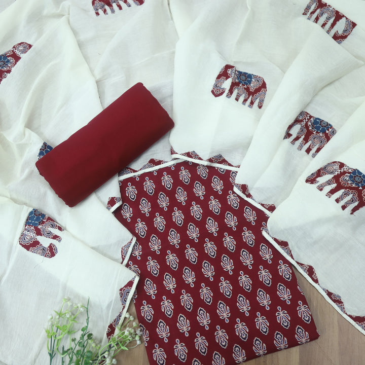 Reshmi Cranberry Red All Over Ajrak Print Cotton Top with Applique Work Dupatta Set D2