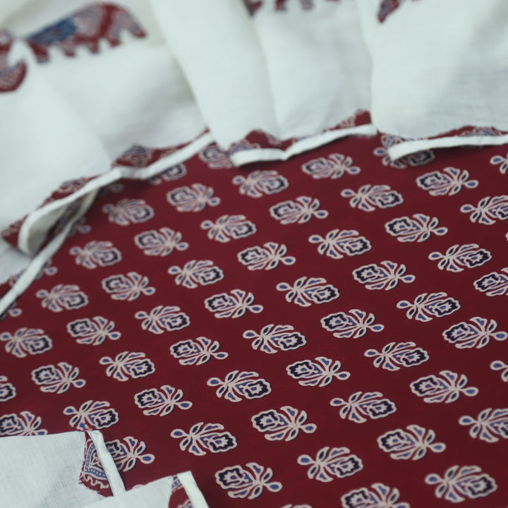 Reshmi Cranberry Red All Over Ajrak Print Cotton Top with Applique Work Dupatta Set D2