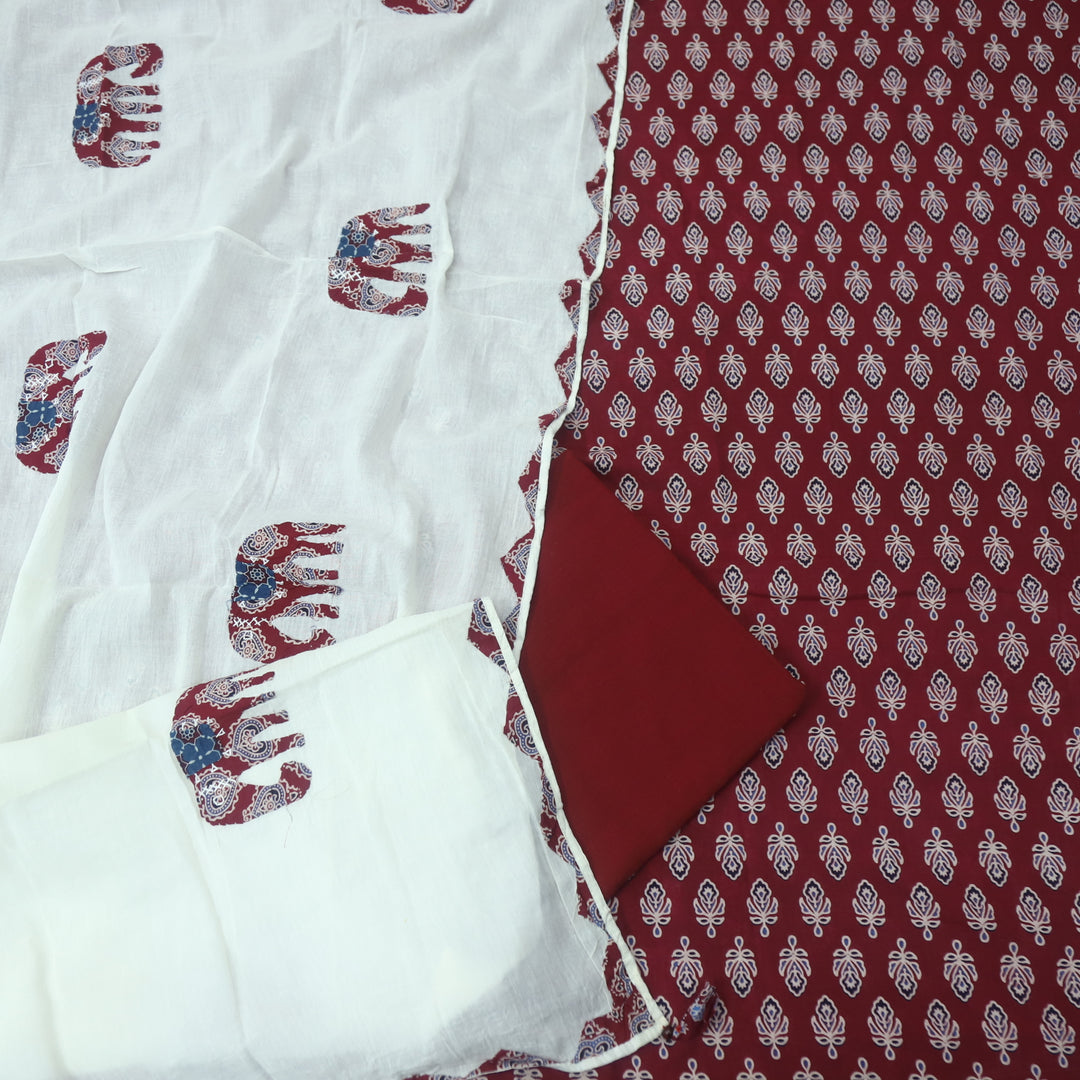Reshmi Cranberry Red All Over Ajrak Print Cotton Top with Applique Work Dupatta Set D2