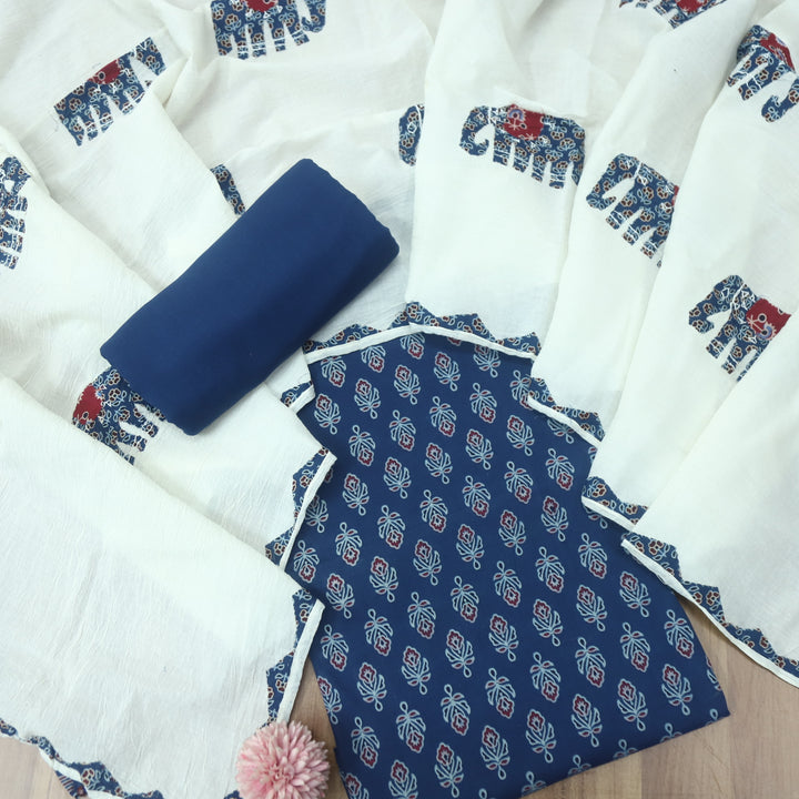 Reshmi Denim Blue All Over Ajrak Print Cotton Top with Applique Work Dupatta Set D2