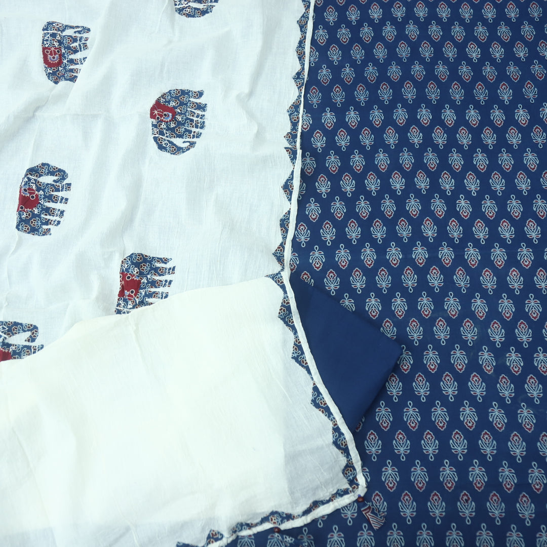 Reshmi Denim Blue All Over Ajrak Print Cotton Top with Applique Work Dupatta Set D2