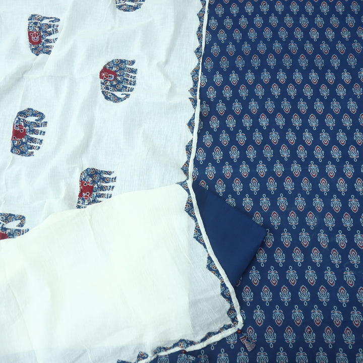 Reshmi Denim Blue All Over Ajrak Print Cotton Top with Applique Work Dupatta Set D2