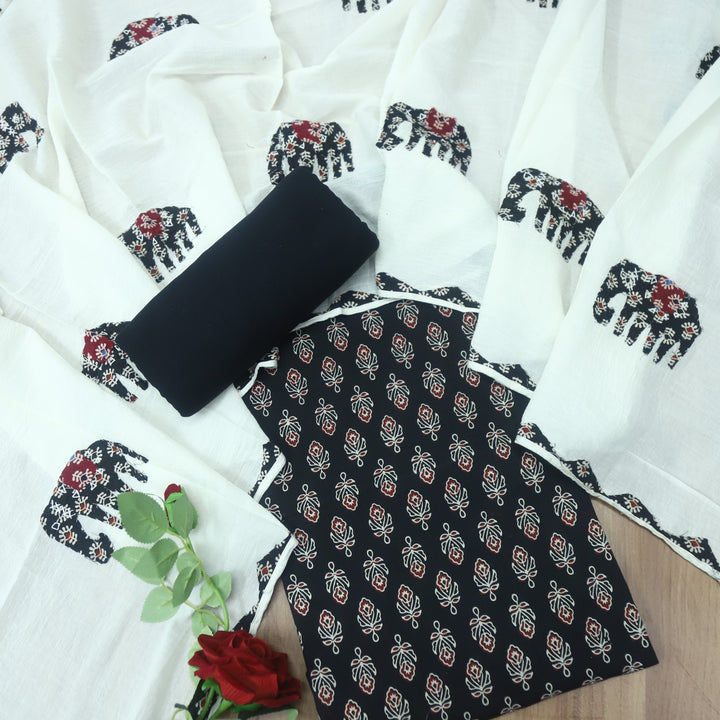 Reshmi Ebony Black  All Over Ajrak Print Cotton Top with Applique Work Dupatta Set D2
