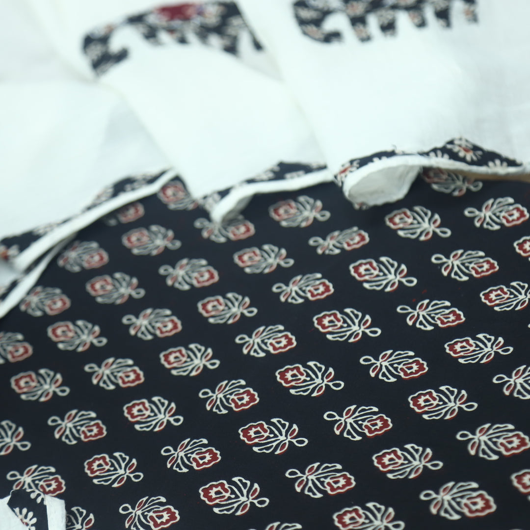 Reshmi Ebony Black  All Over Ajrak Print Cotton Top with Applique Work Dupatta Set D2