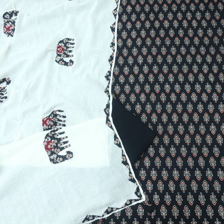 Reshmi Ebony Black  All Over Ajrak Print Cotton Top with Applique Work Dupatta Set D2