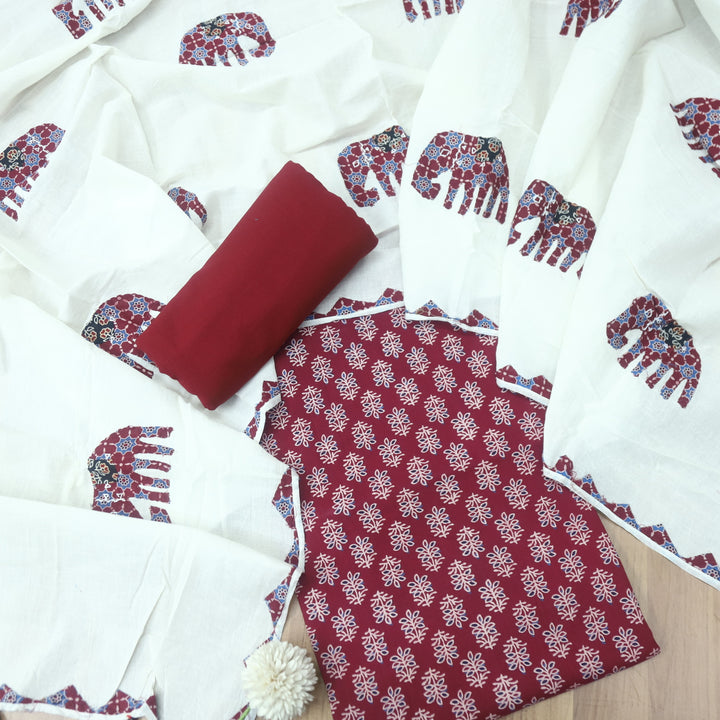 Reshmi Cranberry Red All Over Ajrak Print Cotton Top with Applique Work Dupatta Set D3