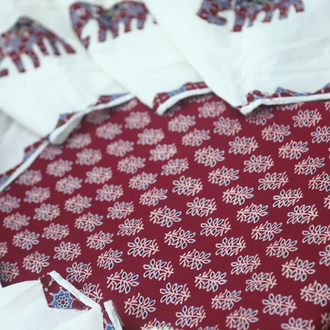Reshmi Cranberry Red All Over Ajrak Print Cotton Top with Applique Work Dupatta Set D3