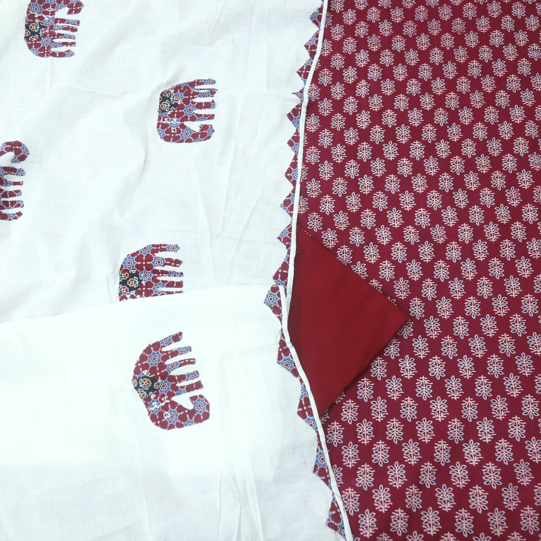 Reshmi Cranberry Red All Over Ajrak Print Cotton Top with Applique Work Dupatta Set D3