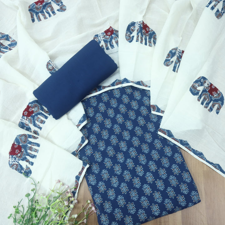Reshmi Denim Blue All Over Ajrak Print Cotton Top with Applique Work Dupatta Set D3