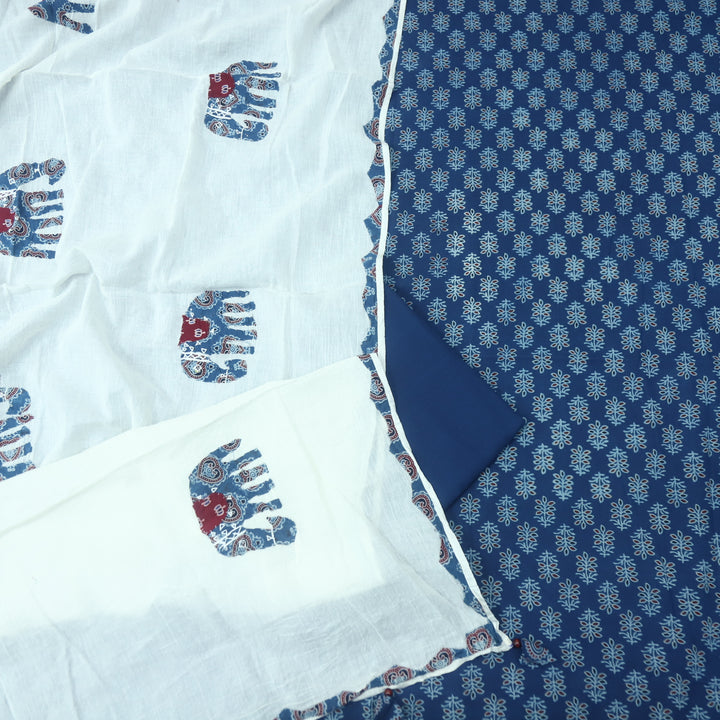 Reshmi Denim Blue All Over Ajrak Print Cotton Top with Applique Work Dupatta Set D3