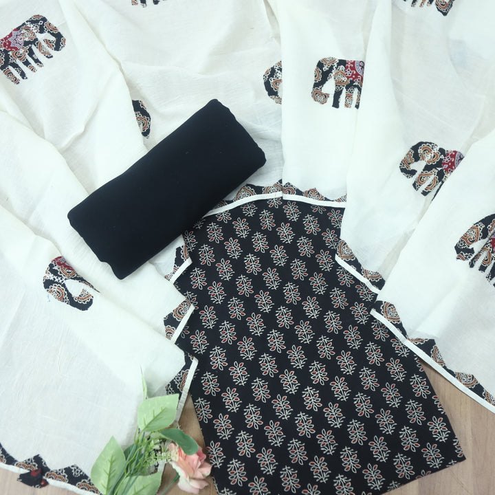 Reshmi Ebony Black  All Over Ajrak Print Cotton Top with Applique Work Dupatta Set D3