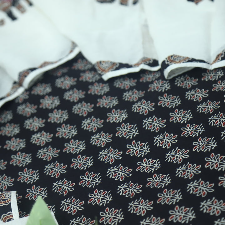 Reshmi Ebony Black  All Over Ajrak Print Cotton Top with Applique Work Dupatta Set D3