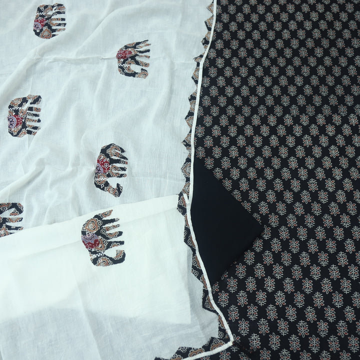 Reshmi Ebony Black  All Over Ajrak Print Cotton Top with Applique Work Dupatta Set D3