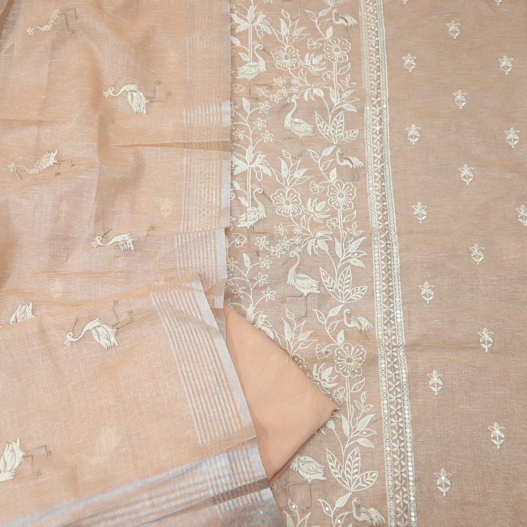 Paakhi Pumpkin Peach Floral with Flamingo Thread Work Shimmer Tissue Linen Set